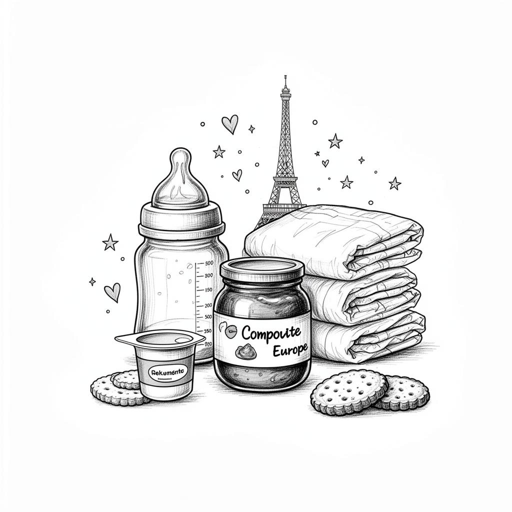 Illustration esquisse de produits bébé importés d'Europe